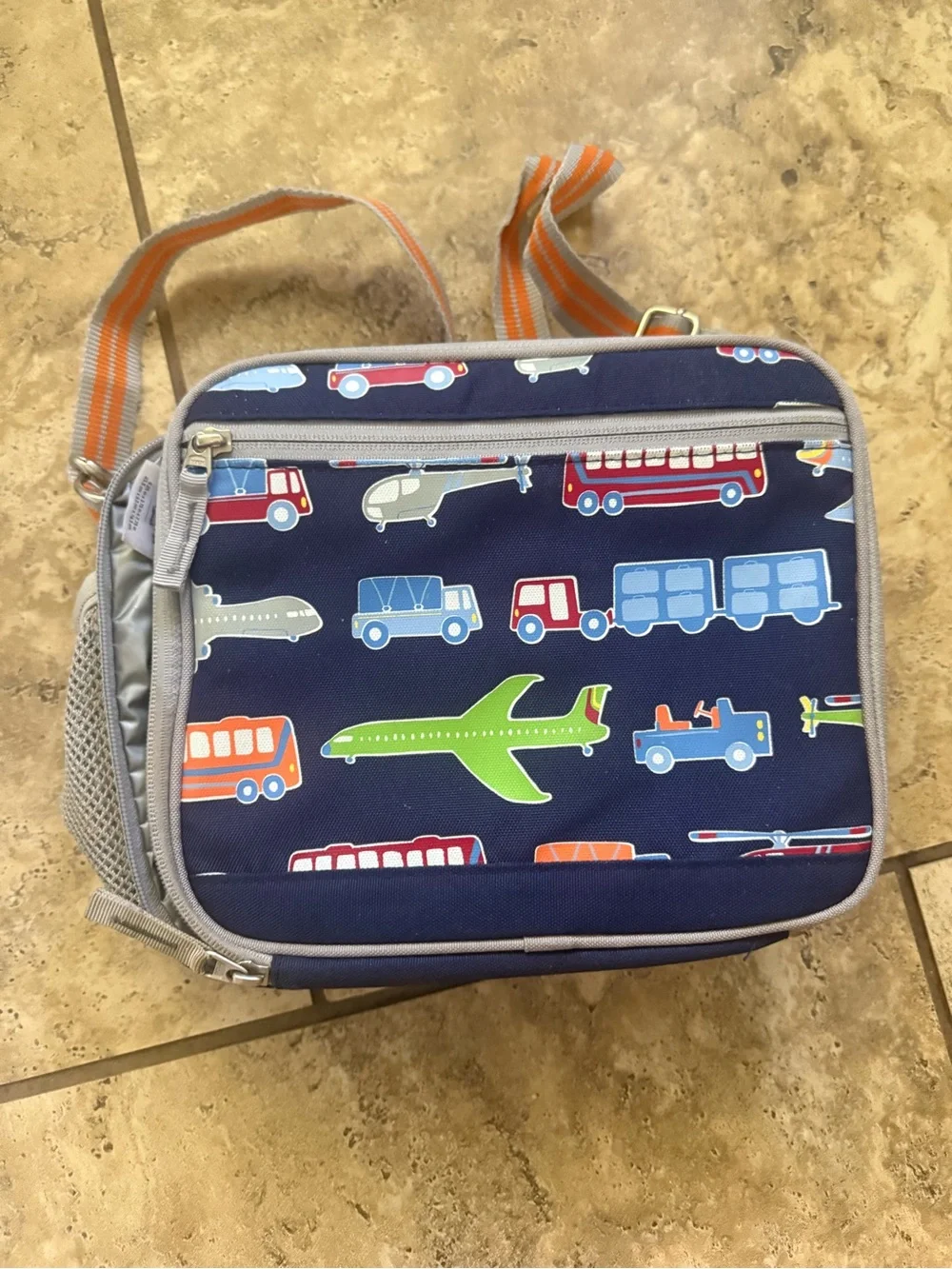 Pottery Barn Kids Navy Blue Backpack and Lunchbox Set with Transportation Print